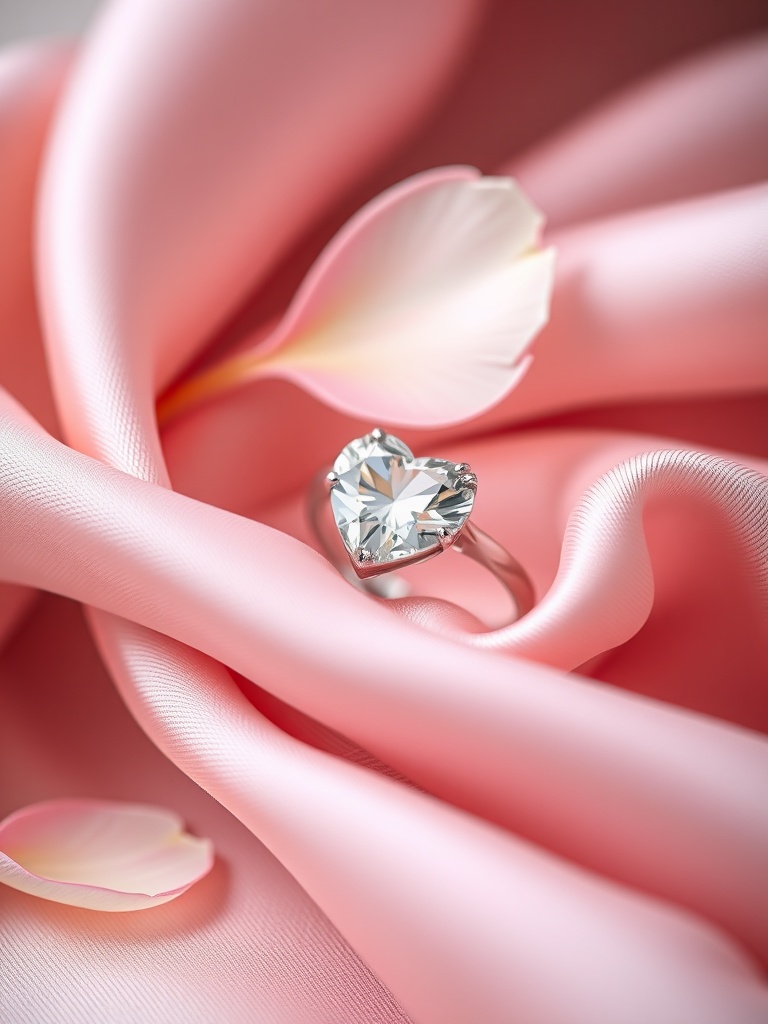 Heart-shaped diamond engagement ring on soft pink fabric with flower petals.