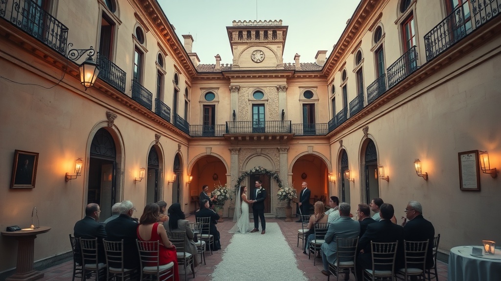 A romantic wedding ceremony taking place in an Italian palazzo courtyard with guests seated and a beautiful archway.