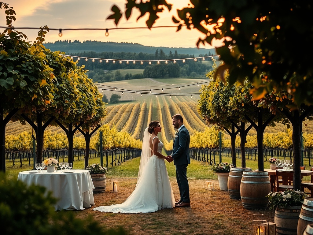 Couple embracing in a vineyard setting during sunset with string lights and wine barrels