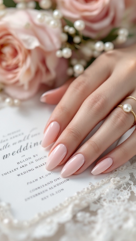 Romantic pink wedding nails with pearls.