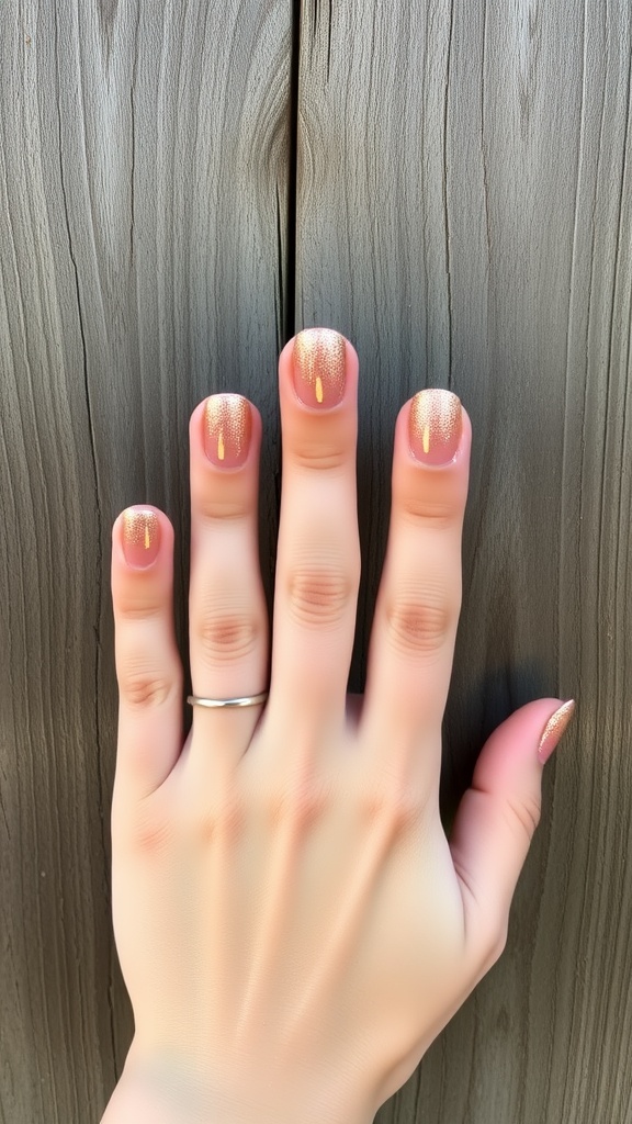 Nails featuring a classic French tip with rose gold glitter accent next to a bouquet of white roses.