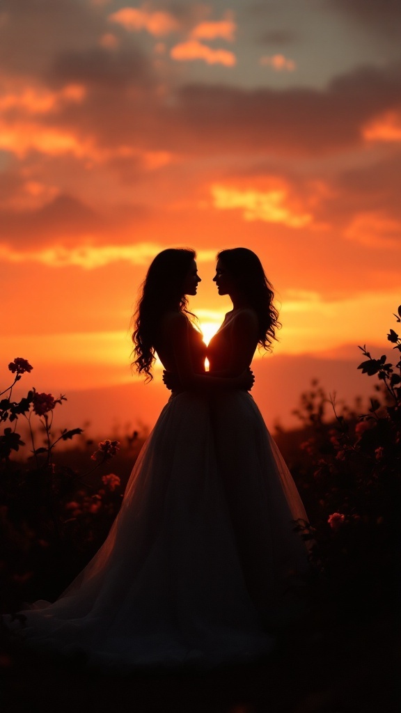 Couples silhouette at sunset, showcasing romance and intimacy.