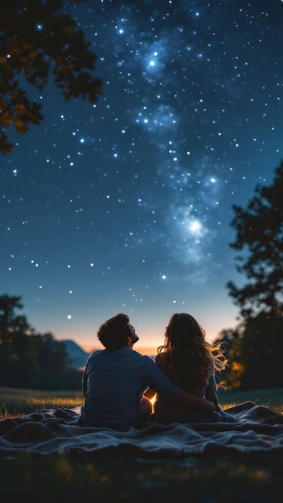 A couple stargazing at night, wrapped in a blanket with a starry sky above them.