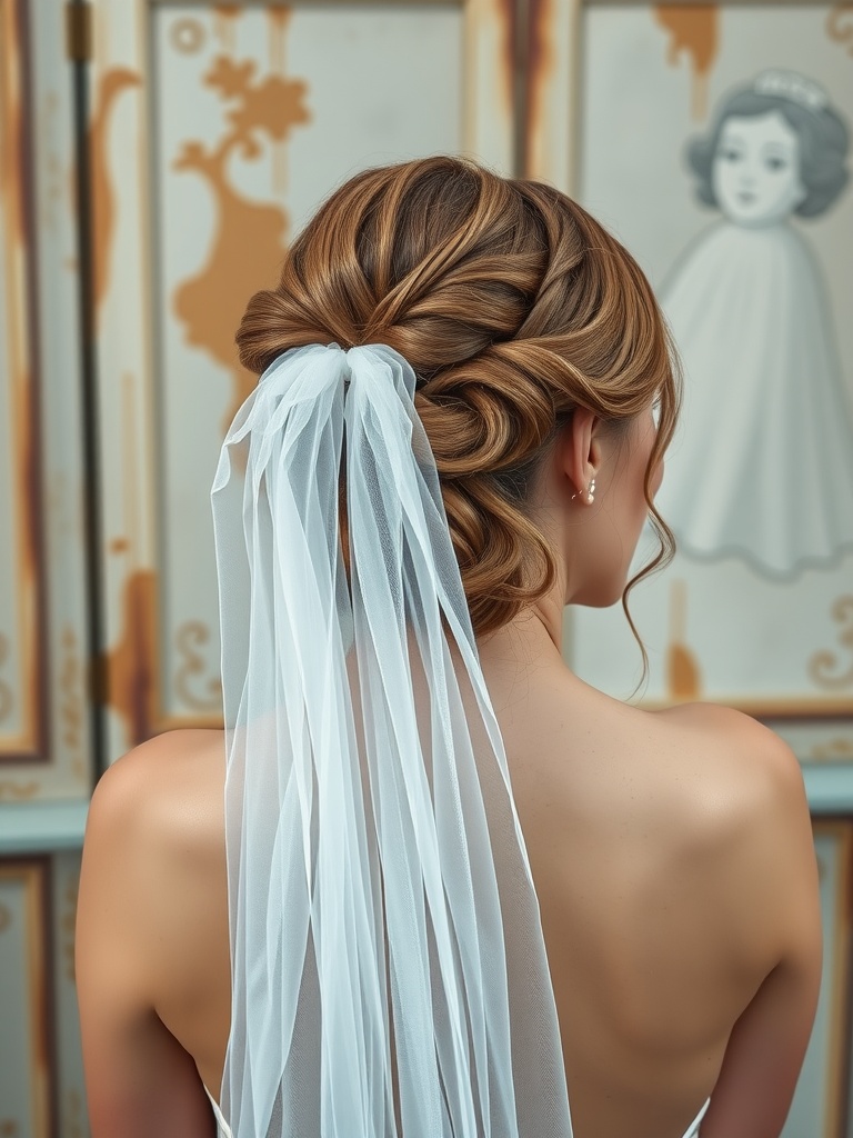 A woman with a romantic updo hairstyle adorned with a flowing bridal veil.
