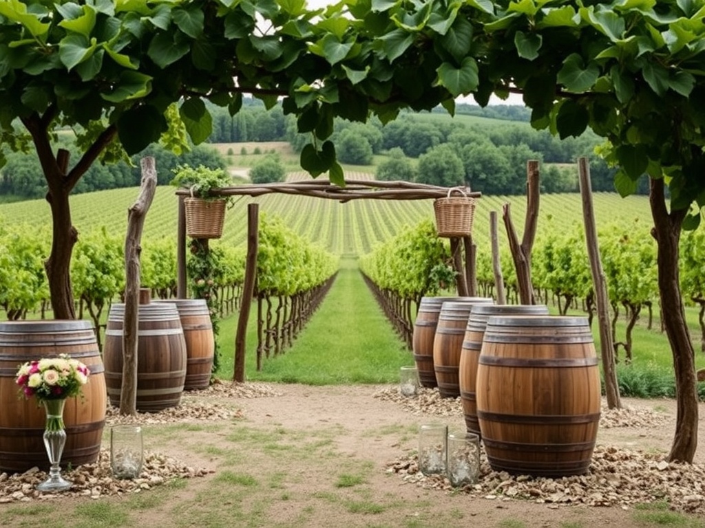 A romantic vineyard scene in Bordeaux with barrels and lush greenery, perfect for weddings.