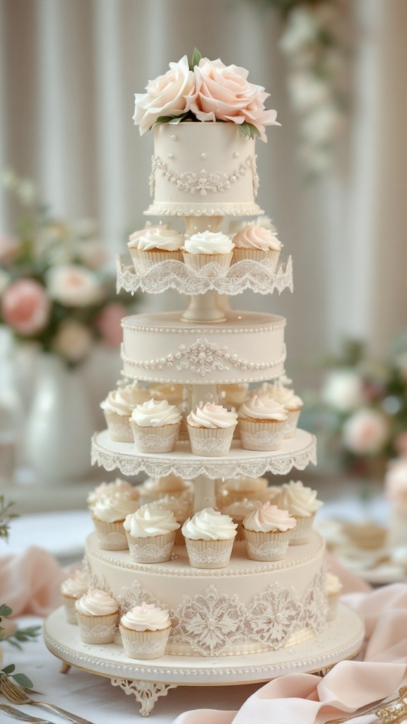 A vintage-inspired cupcake tower with delicate lace and soft pastel colors, featuring a small top cake adorned with flowers and surrounded by frosted cupcakes.