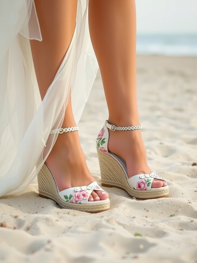 A close-up view of stylish wedding wedges with floral design, worn on a sandy beach.