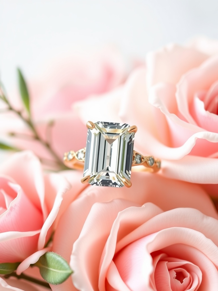 An emerald cut engagement ring set in rose gold, surrounded by pink roses.
