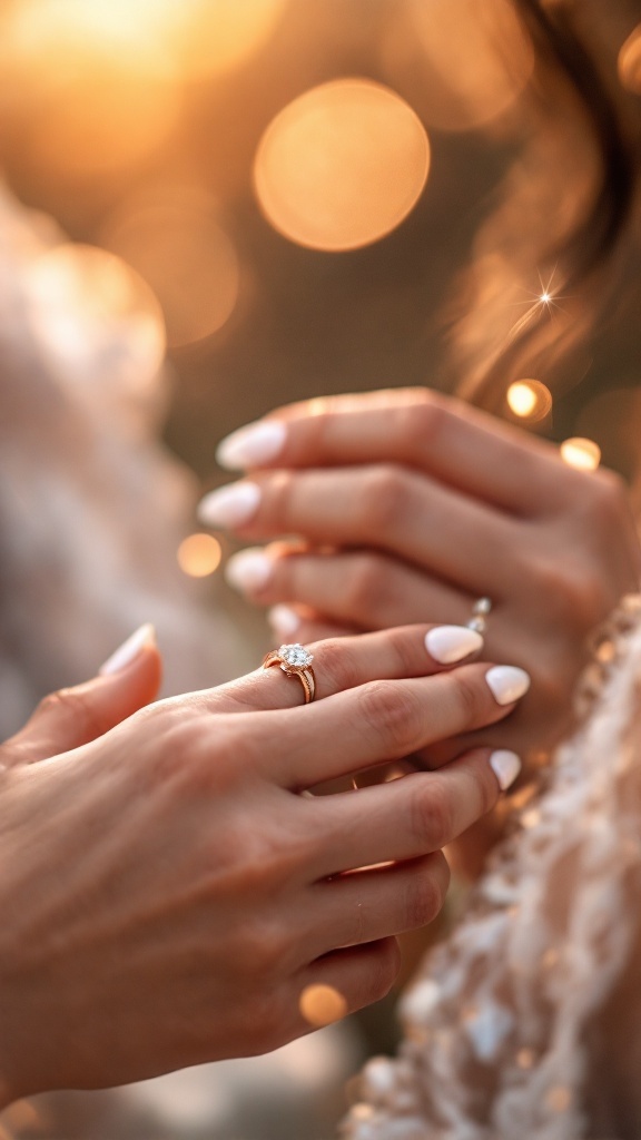 Close-up of hands showing engagement ring with rose gold metallic nails