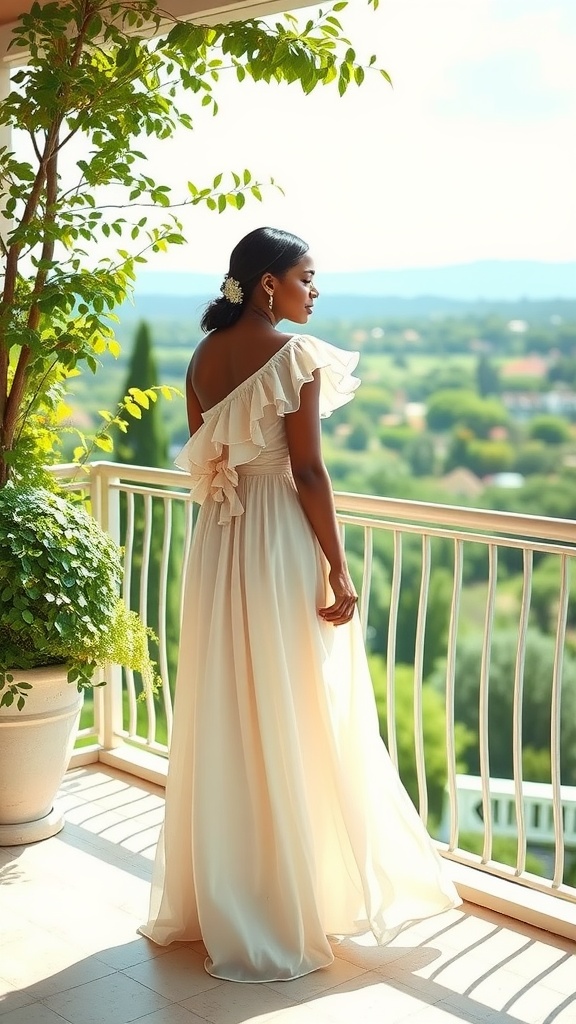 A woman in a ruffled one-shoulder dress standing on a balcony with a scenic view.