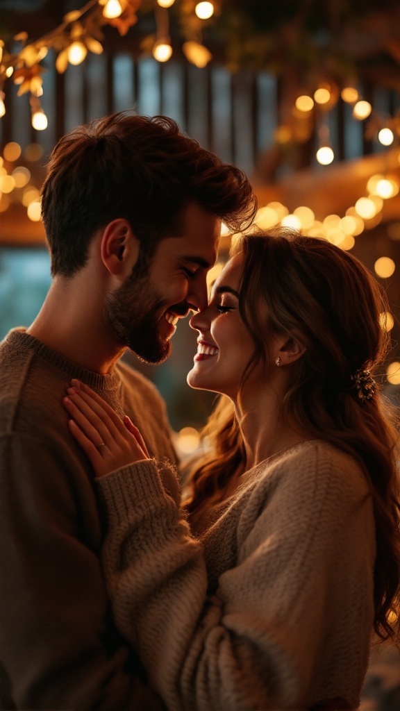 Couple sharing a tender moment in a rustic barn with fairy lights