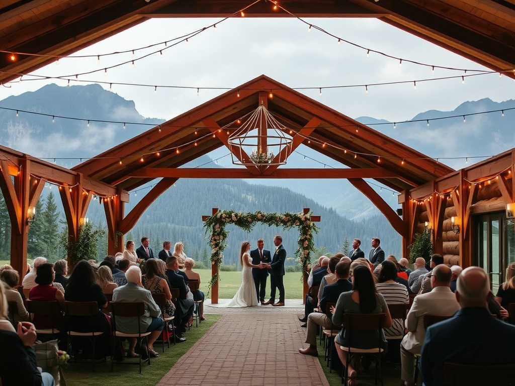 A wedding ceremony in a rustic barn with a mountain backdrop, showcasing elegant wooden decor and string lights.