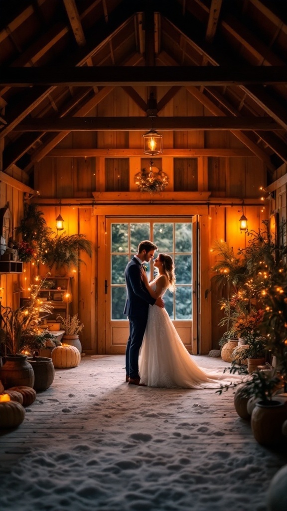 A couple embracing in a rustic barn, with warm lighting, wooden beams, and cozy decor.