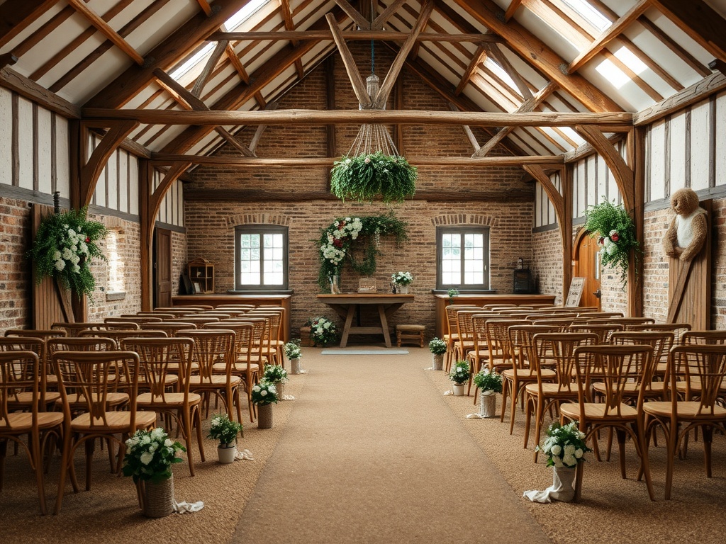 Interior of a rustic barn set up for a wedding ceremony with wooden chairs and floral decorations.