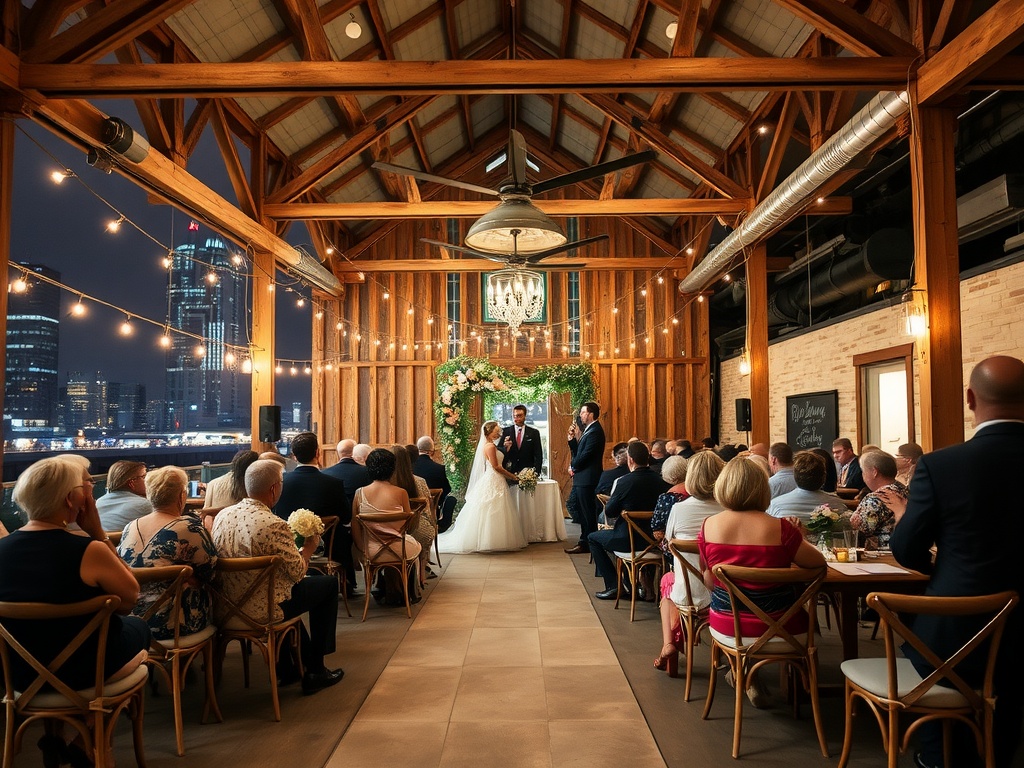 A couple getting married in a rustic barn setting with city skyline in the background.