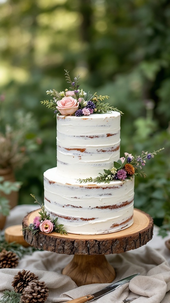 A rustic buttercream wedding cake decorated with flowers on a wooden stand in a natural setting.