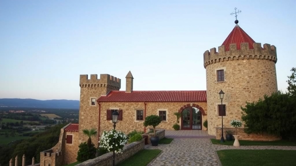 A rustic castle in Portugal during a wedding ceremony, featuring stone walls and a charming courtyard.
