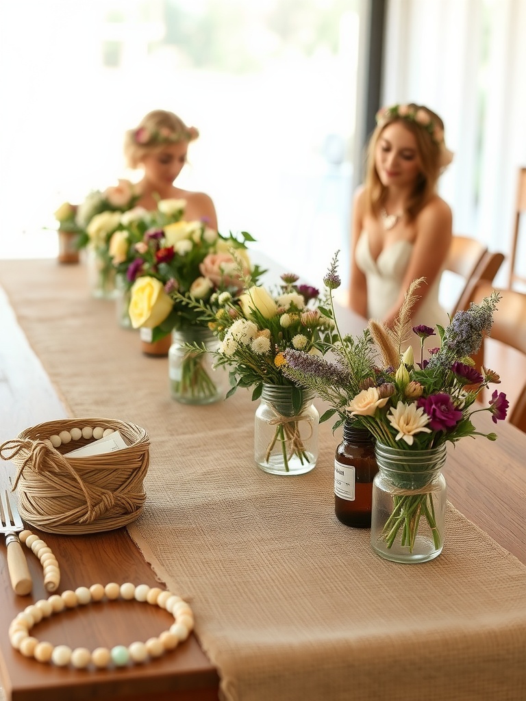 Two brides with flower crowns sitting at a rustic table adorned with natural flower arrangements and wooden elements.