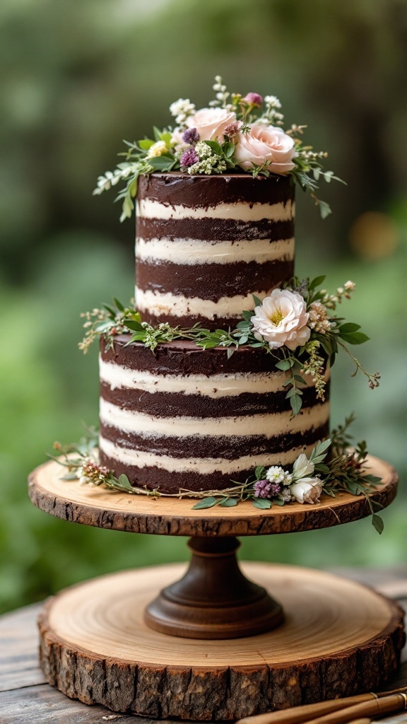 A rustic chocolate ganache layer cake with naked design and fresh flowers