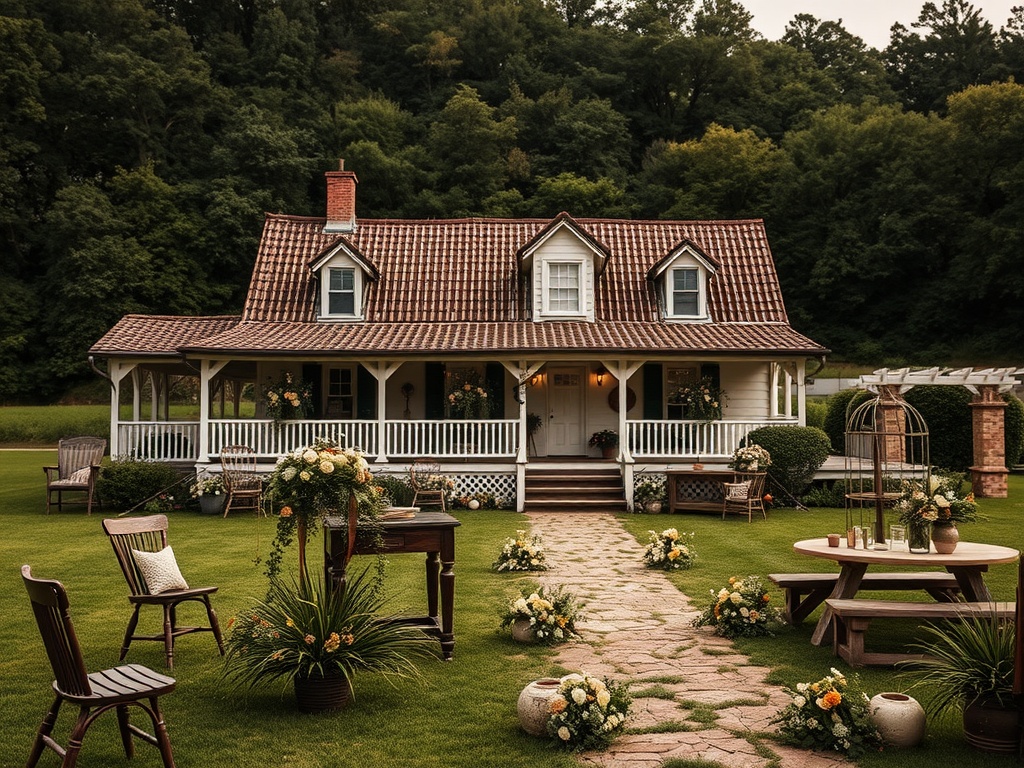 A rustic farmhouse surrounded by greenery, decorated for a wedding with floral arrangements and seating areas.