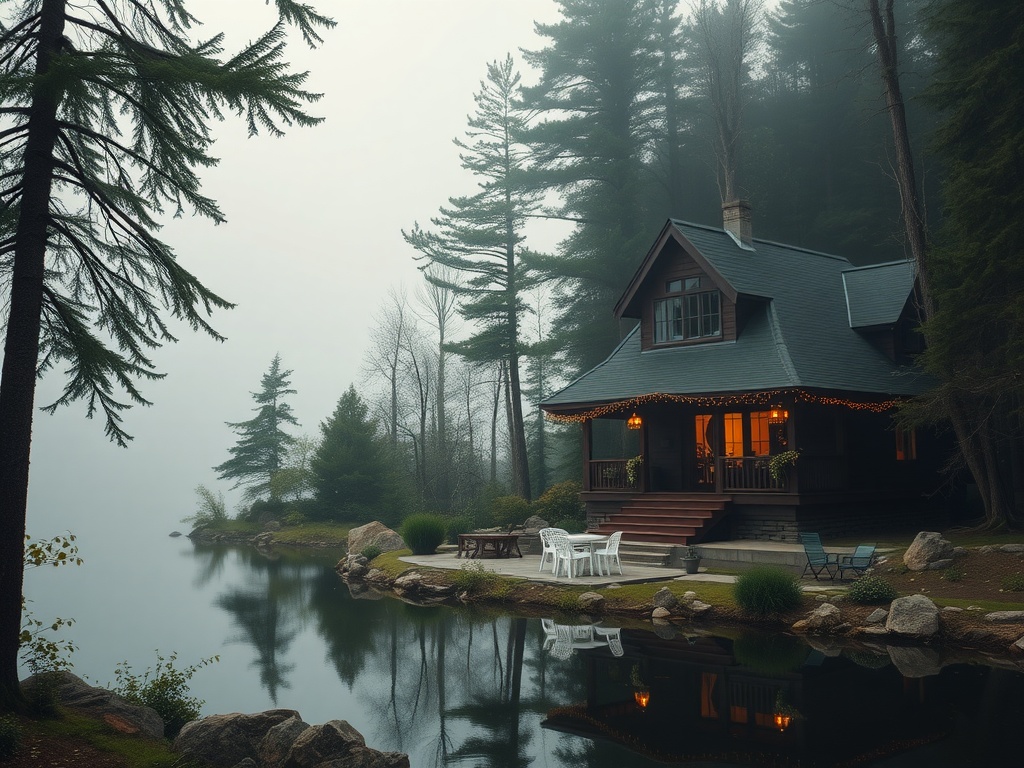 A rustic lakeside cabin surrounded by trees and fog, reflecting in the water.