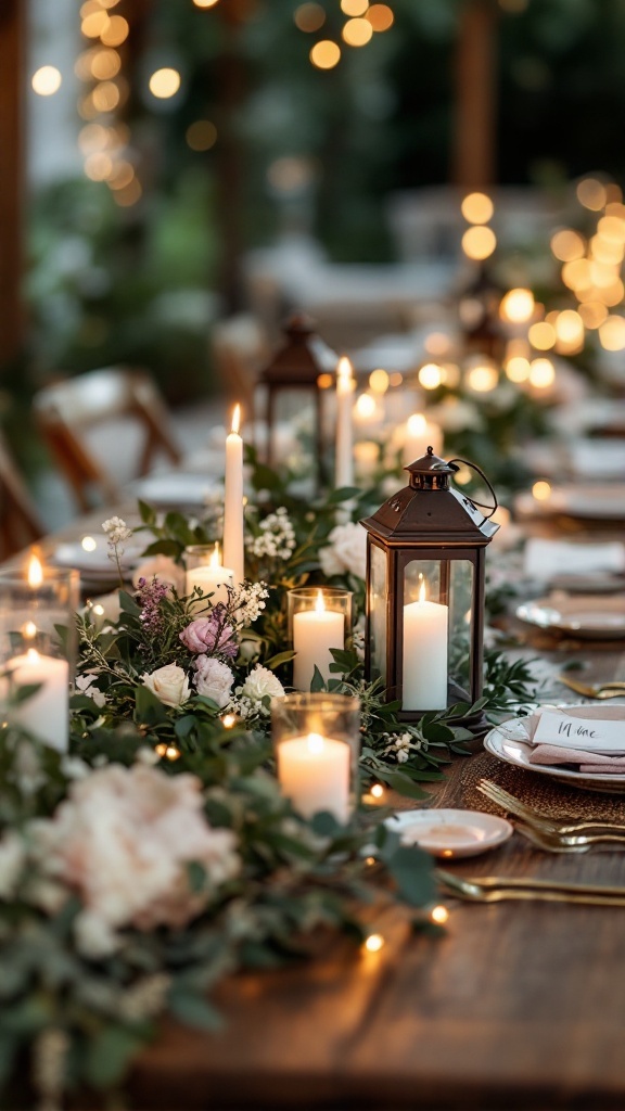 Wedding table decorated with rustic lanterns, candles, and flowers creating a warm and cozy atmosphere.