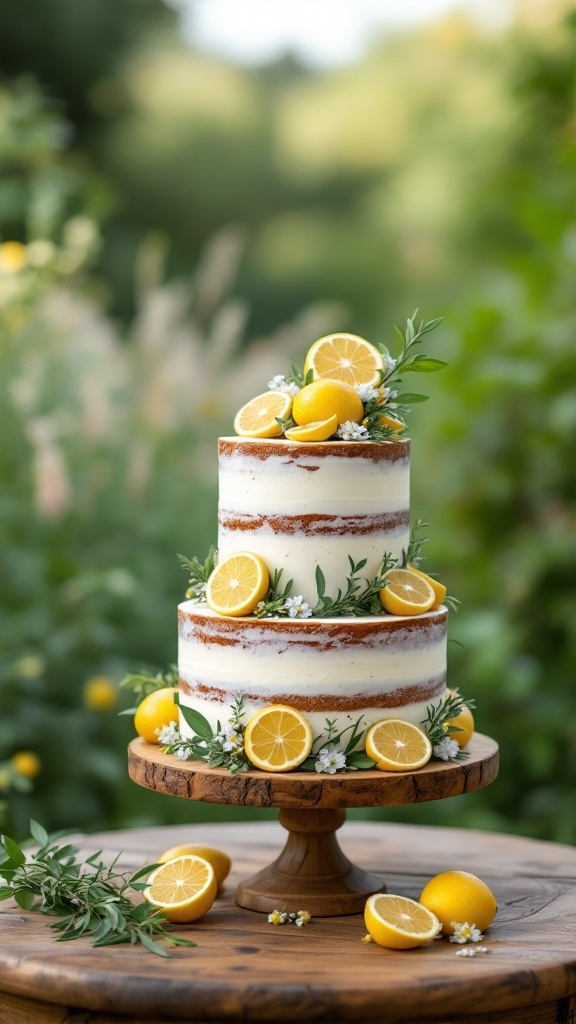 A rustic lemon drizzle cake on a wooden stand, decorated with lemon slices and greenery, set in an outdoor garden