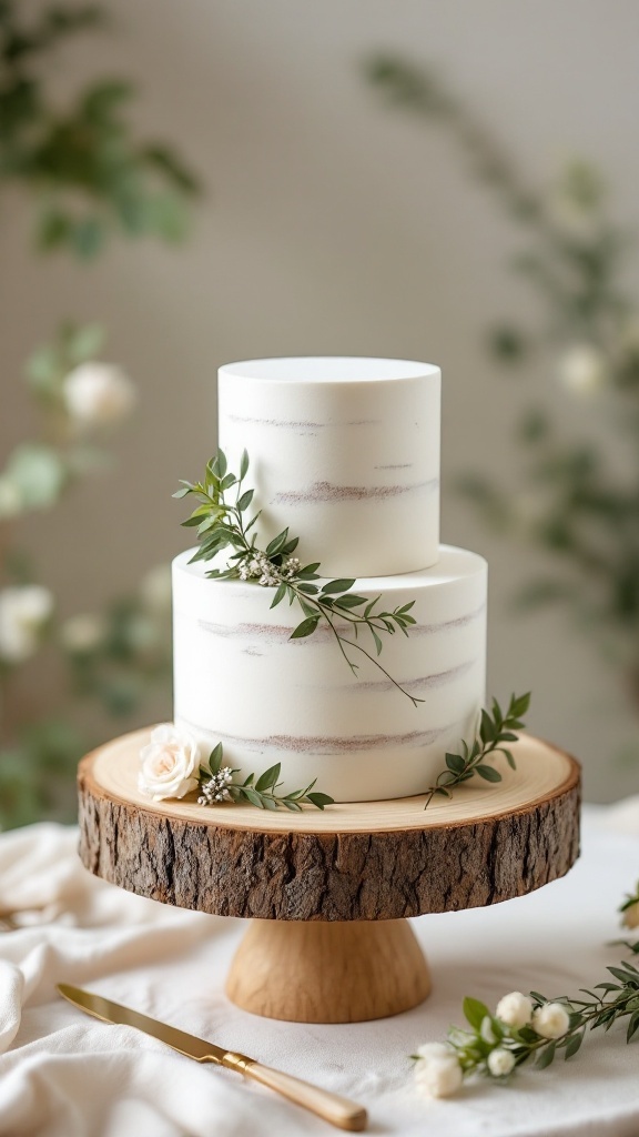 A minimalist wedding cake with white frosting, decorated with greenery and flowers, displayed on a rustic wooden stand.