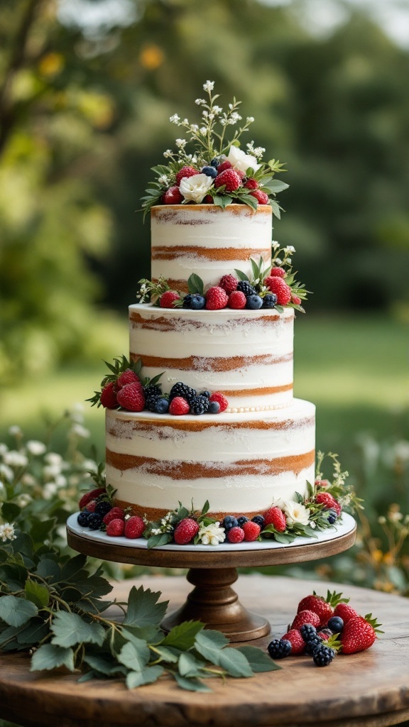 Three-tier rustic naked cake adorned with fresh berries and flowers on a wooden stand