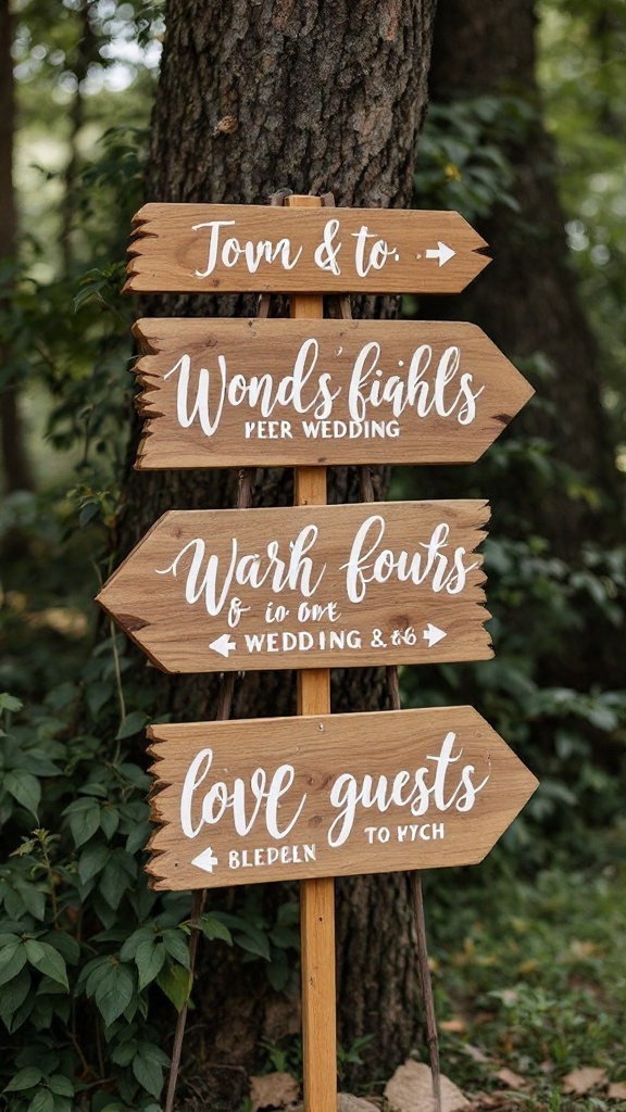 Rustic wooden signage directing guests at a romantic wedding