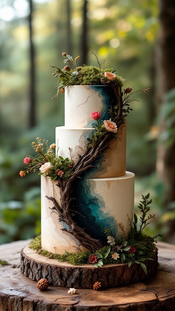 Rustic Woodland Cake with three tiers featuring blue accents, flowers, and moss