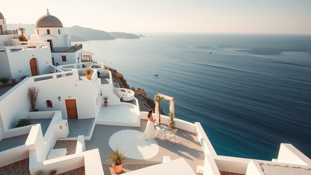 A bride overlooking the Aegean Sea from the cliffs of Santorini, Greece.