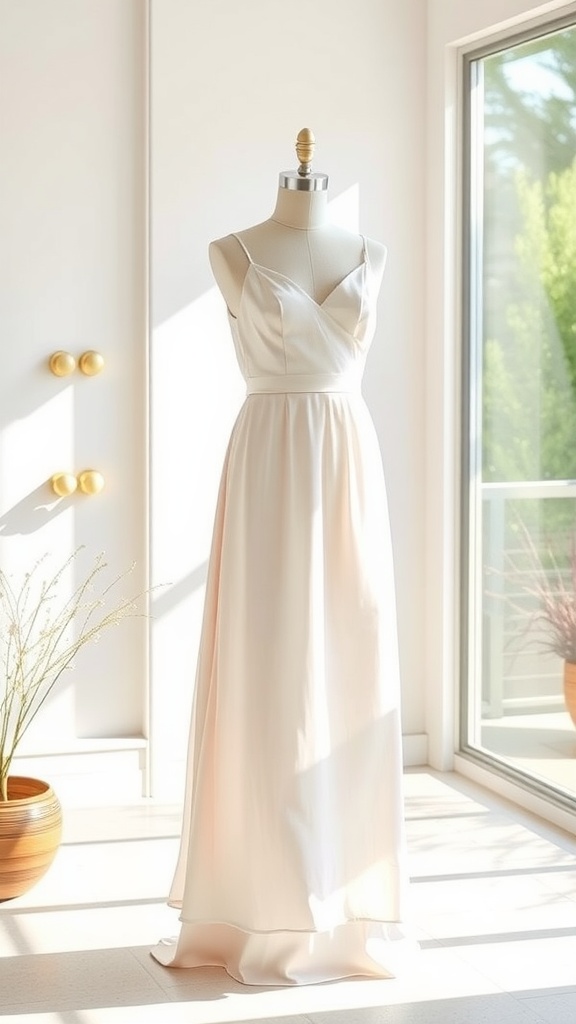 A light satin slip dress with a high slit, displayed in a bright room