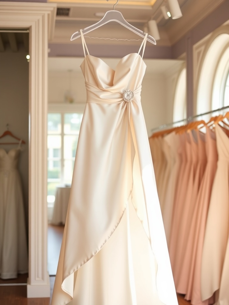 A satin wedding dress hanging elegantly, showcasing its luxurious finish and minimalist design.