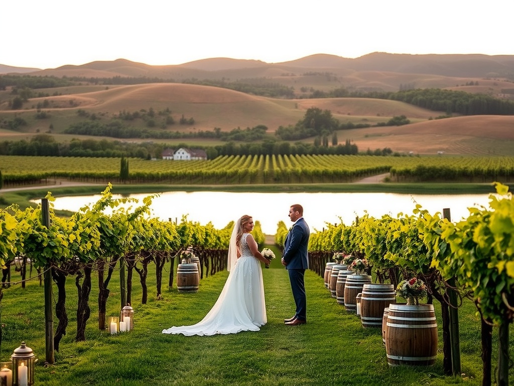 Couple standing in a vineyard during sunset, surrounded by lush grapevines and rolling hills