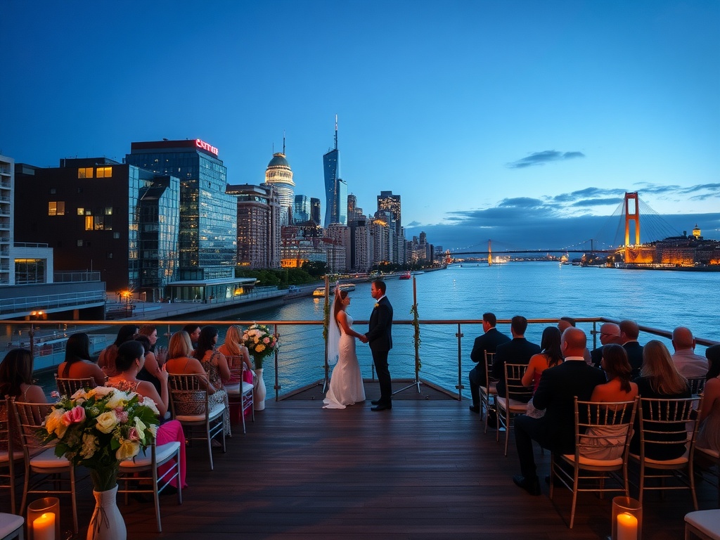 A couple exchanging vows at a scenic riverfront wedding venue with a city skyline.
