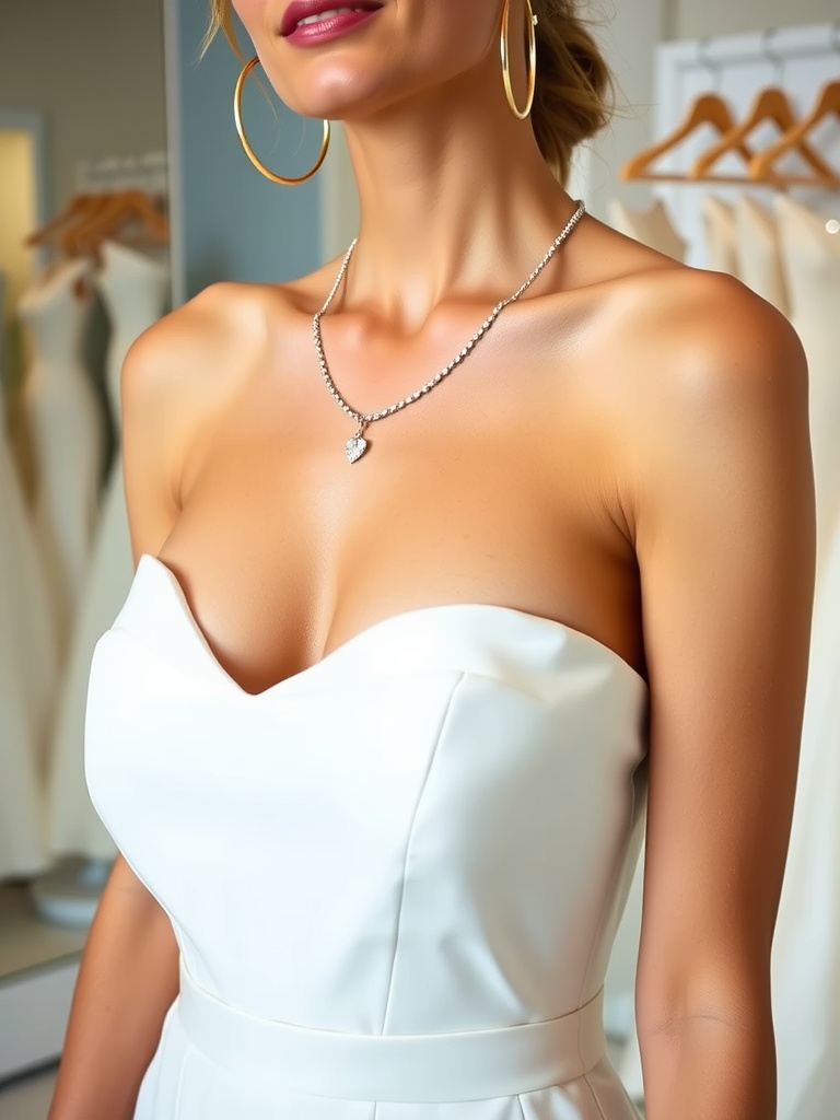 Close-up of a bride in a white scoop neckline wedding dress wearing a delicate necklace and large hoop earrings.