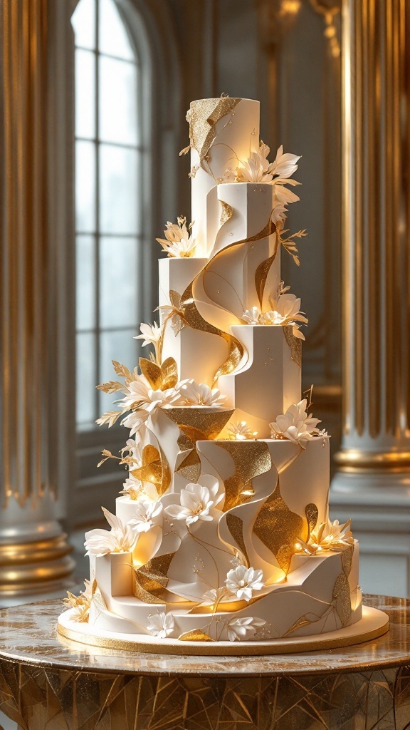 A luxurious sculptural wedding cake featuring elegant curves, gold accents, and floral decorations, set in an upscale environment.