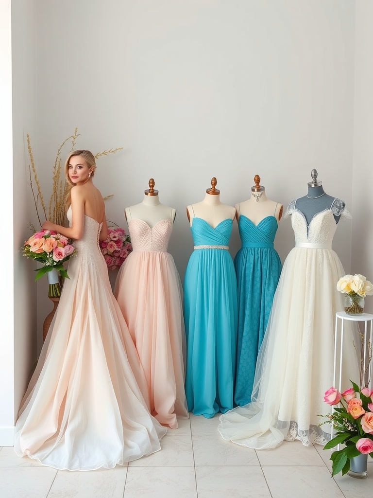 A selection of colored wedding dresses displayed with a bride holding a bouquet, featuring blush, blue, and white gowns.