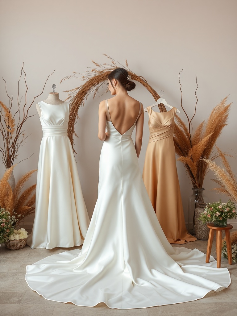 A woman trying on elegant wedding dresses in a soft-toned room with natural decorations.