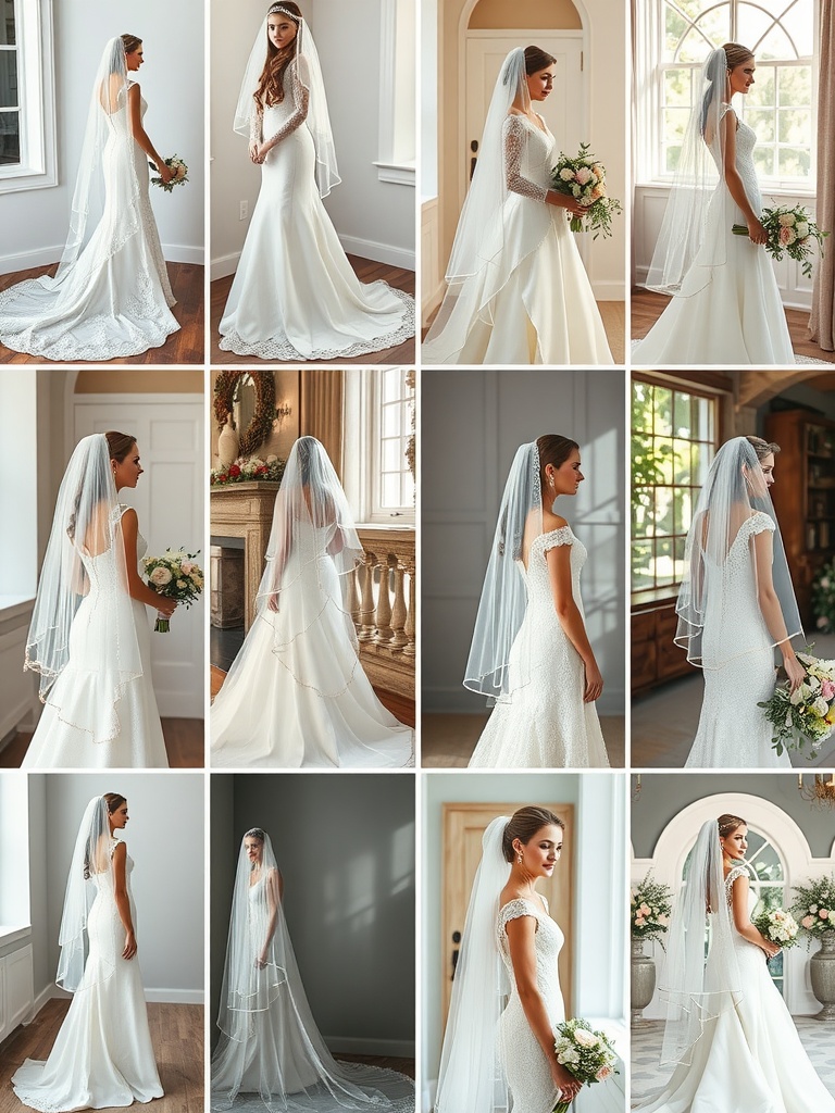 A collage of bridal veils showcasing various styles and lengths suitable for different wedding dresses.