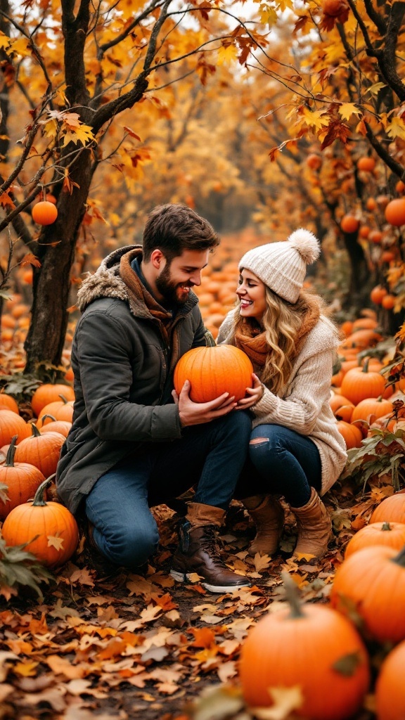 A couple enjoys a playful moment in a pumpkin patch surrounded by colorful pumpkins and autumn leaves.