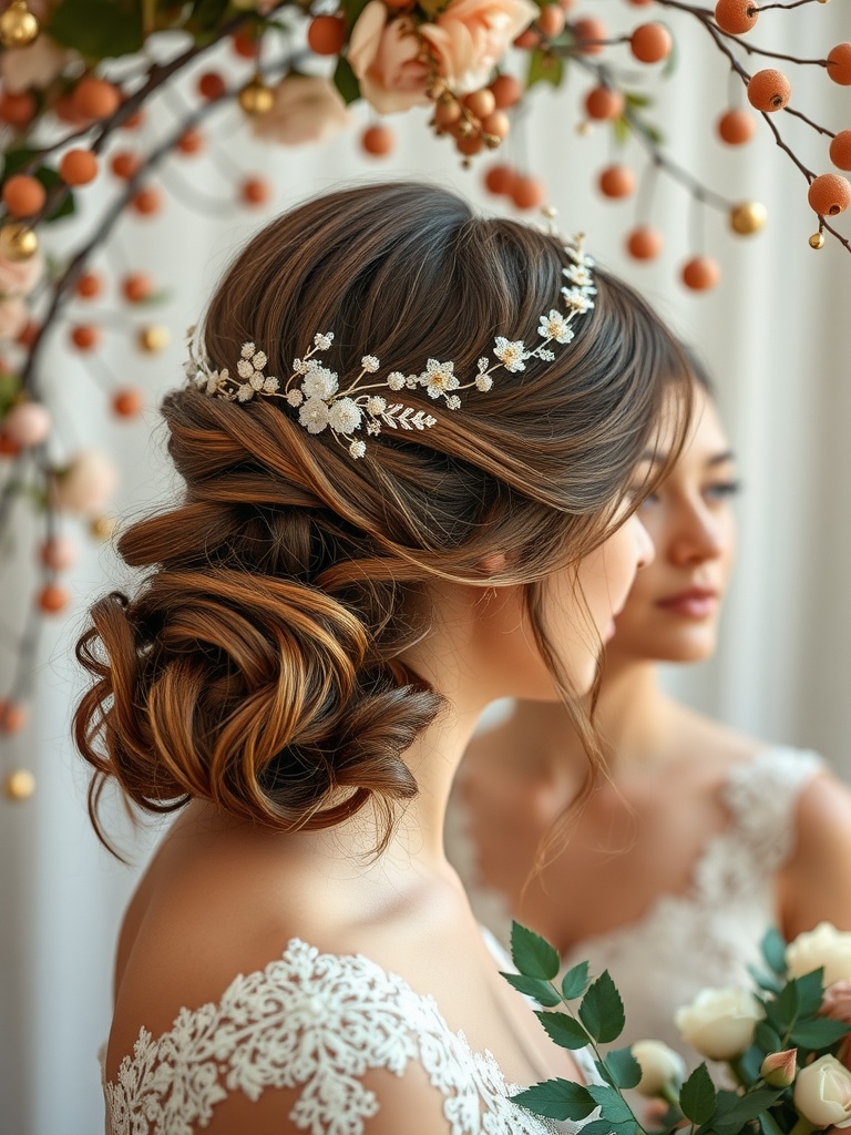 A bride with an elegant updo adorned with a floral hair accessory, surrounded by soft floral decorations.