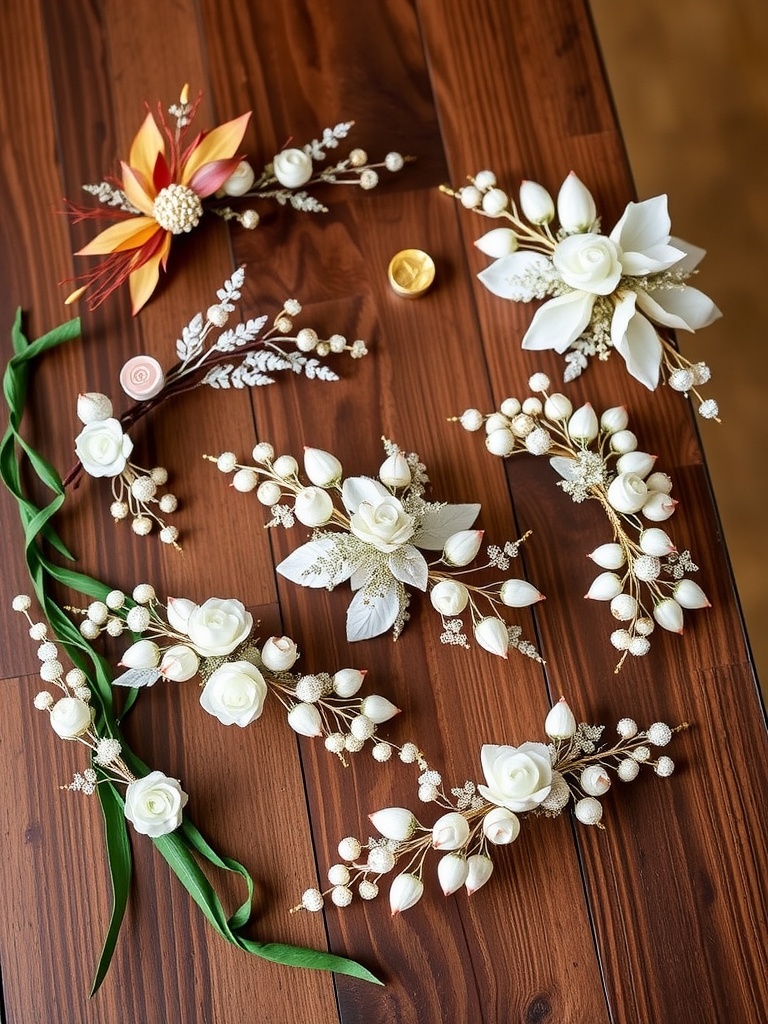 A variety of bridal hair accessories including tiaras, flower crowns, and hair combs displayed on a wooden table