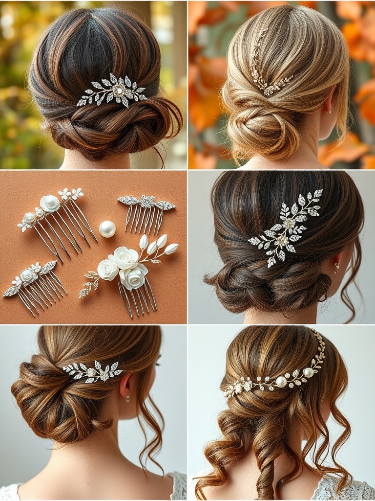 A collage of bridal hairstyles showcasing various hair accessories including pins, combs, and clips.