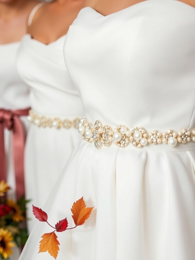 Bridesmaids wearing white gowns with embellished bridal belts.