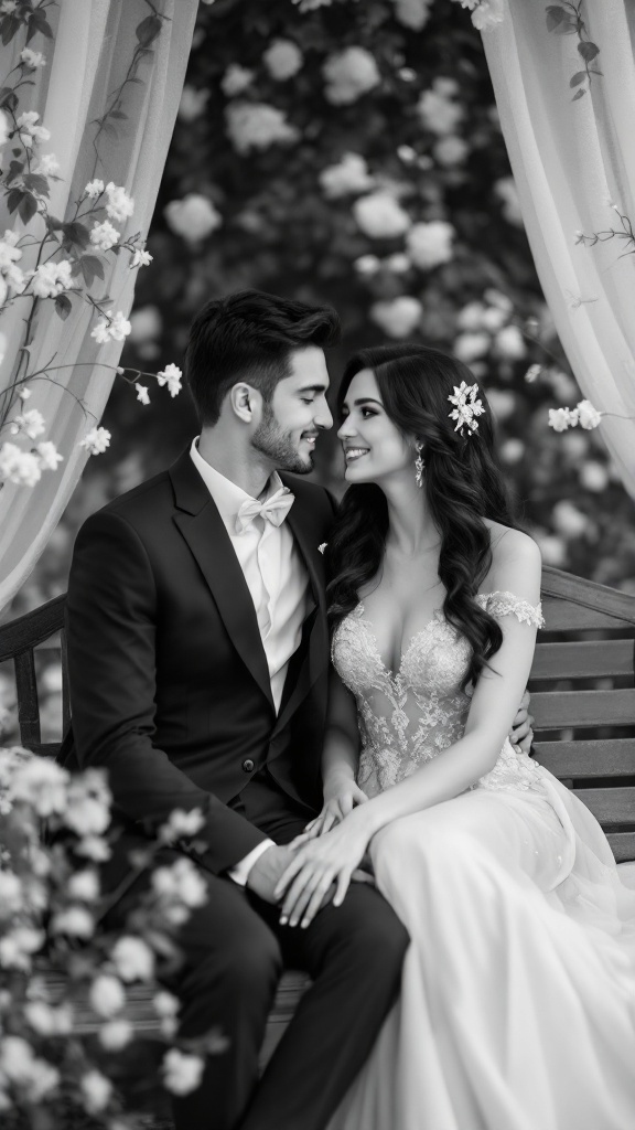 A couple seated on a wooden bench, surrounded by flowers, sharing an affectionate gaze, showcasing a timeless engagement photo pose.