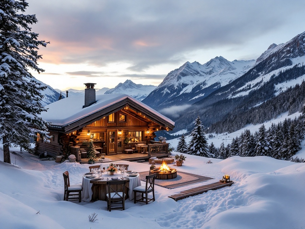 A cozy cabin in the Swiss Alps with a rustic charm, surrounded by snow-capped mountains.