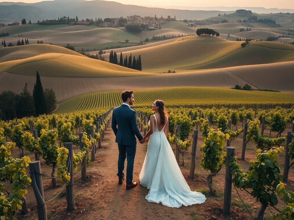 Couple holding hands in a vineyard in Tuscany, Italy during sunset