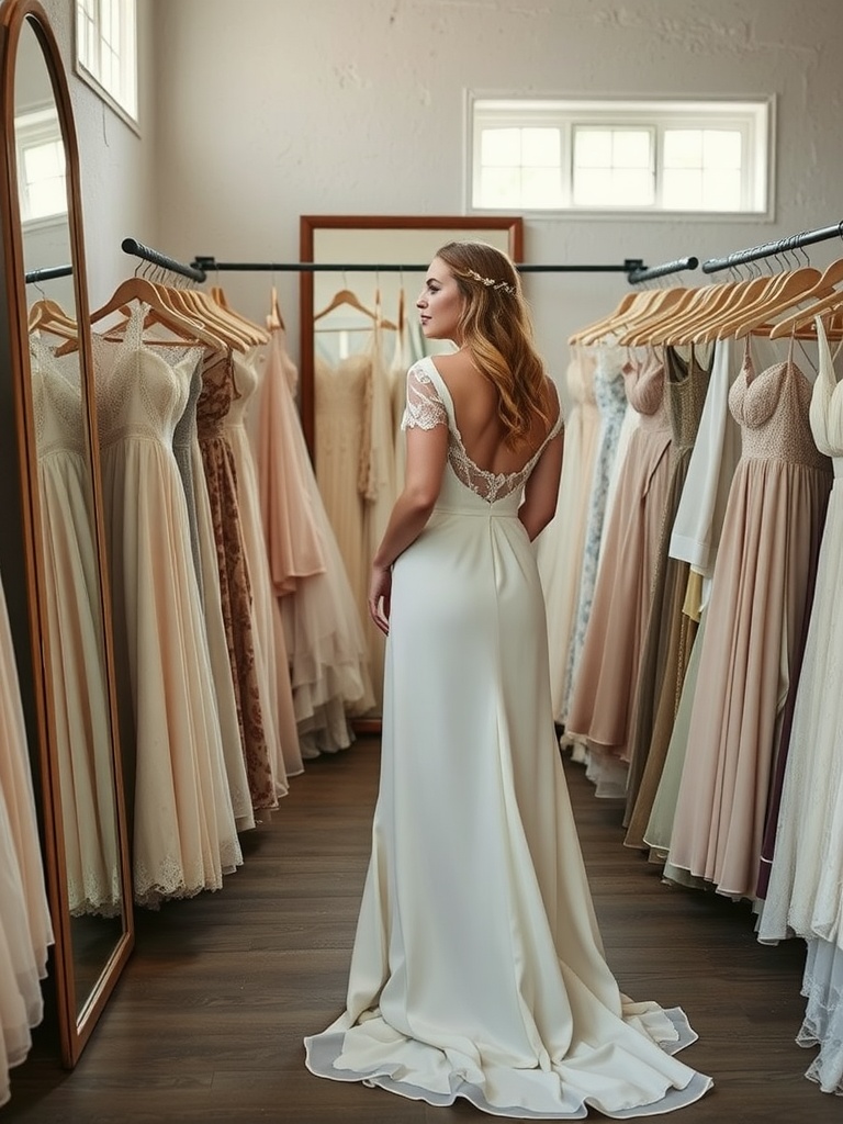 A bride in a boutique trying on a vintage wedding dress surrounded by other dresses.